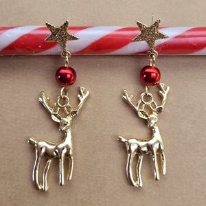 Festive Reindeer Earrings with Star/Red Ball Embellishments